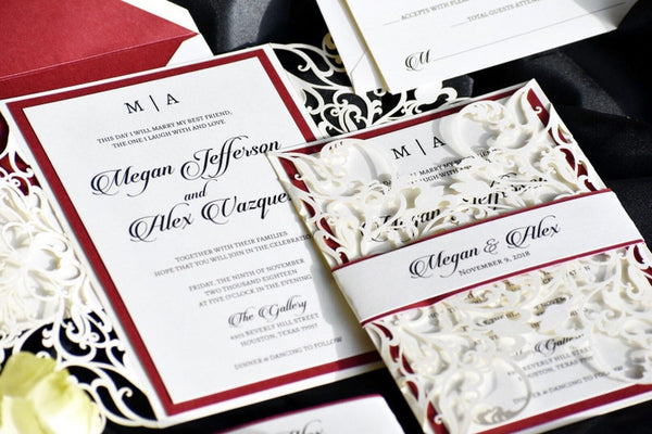 Ivory and Burgundy Foil Laser Cut Wedding Invitation with Belly Band (5)