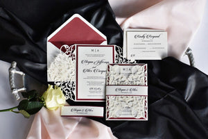 Ivory and Burgundy Foil Laser Cut Wedding Invitation with Belly Band