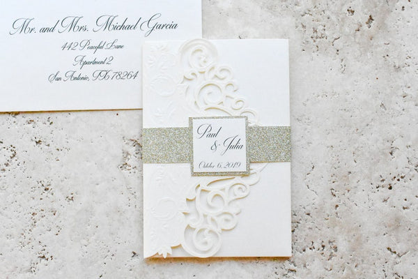 Ivory and Champagne Gold Laser Cut Wedding Invitations with Belly Band (5)