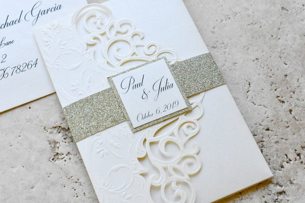 Ivory and Champagne Gold Laser Cut Wedding Invitations with Belly Band