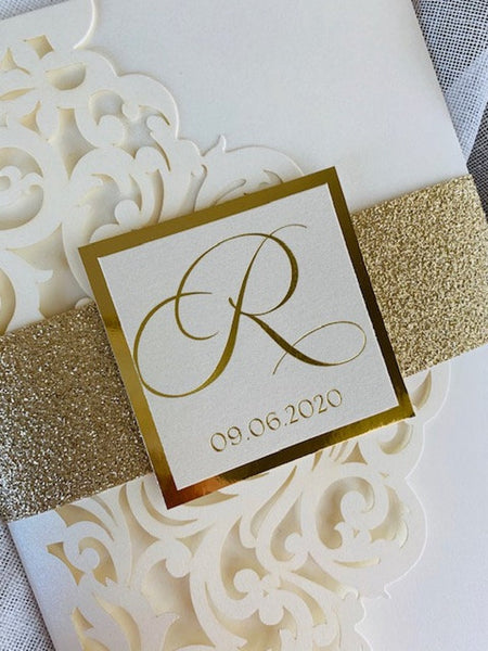 Ivory and Gold Foil Laser Cut Wedding Invitation (1)
