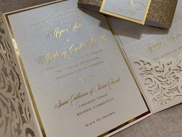 Ivory and Gold Foil Laser Cut Wedding Invitation (4)