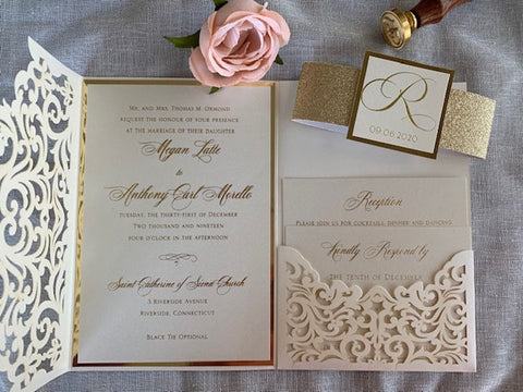 Ivory and Gold Foil Laser Cut Wedding Invitation
