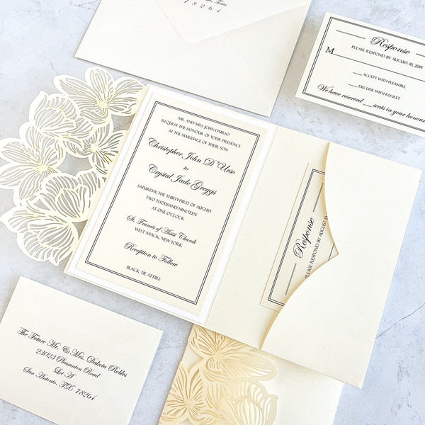 Ivory and White Floral Laser Cut Wedding Invitation (1)