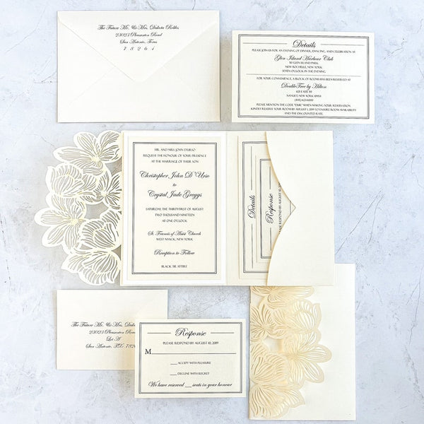 Ivory and White Floral Laser Cut Wedding Invitation (4)