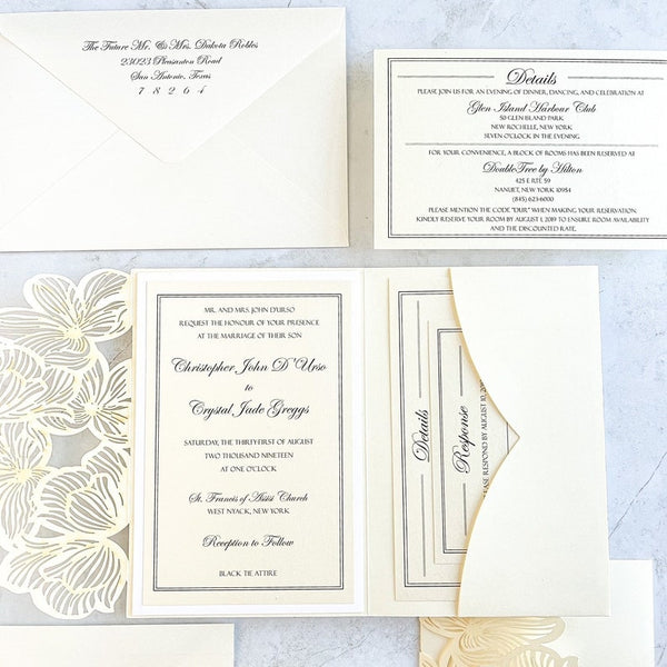 Ivory and White Floral Laser Cut Wedding Invitation (5)