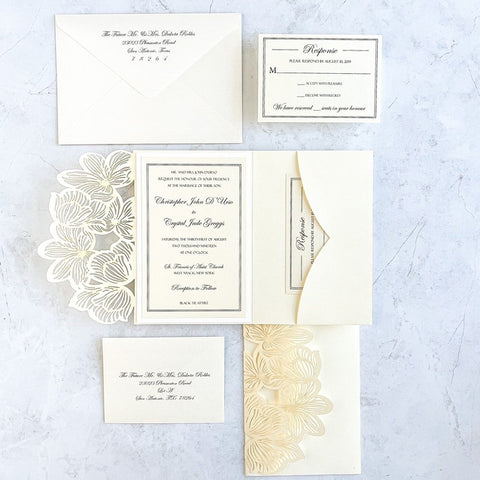 Ivory and White Floral Laser Cut Wedding Invitation (6)