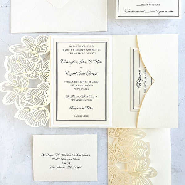 Ivory and White Floral Laser Cut Wedding Invitation