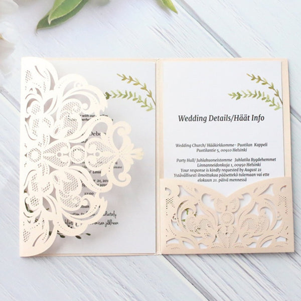 Ivory laser cut pocket tri folding invitation cards (2)