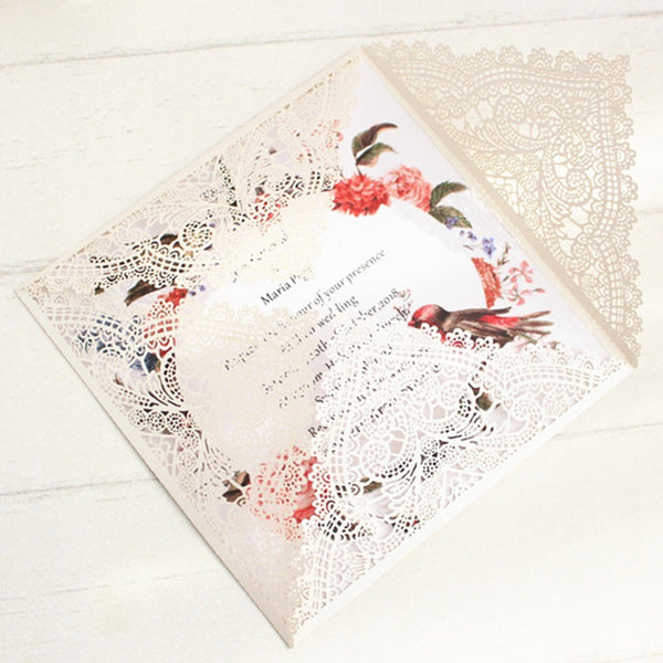 Ivory square floral invitation laser cut wedding card (1)