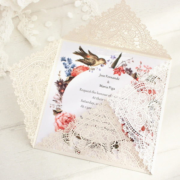 Ivory square floral invitation laser cut wedding card (2)