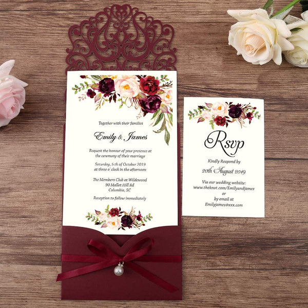 Laser Cut Burgundy Wedding Invitations With Ribbon Belly Band Pearl Embellishments (3)
