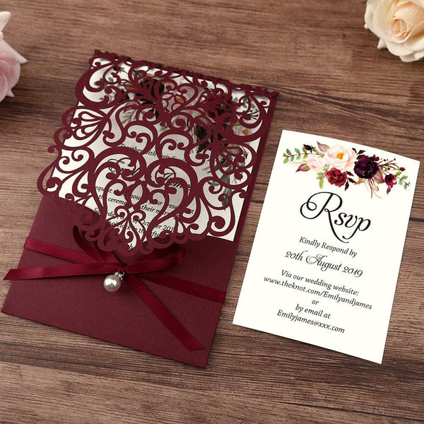 Laser Cut Burgundy Wedding Invitations With Ribbon Belly Band Pearl Embellishments (5)