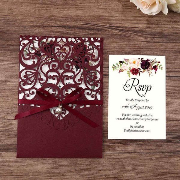Laser Cut Burgundy Wedding Invitations With Ribbon Belly Band Pearl Embellishments (6)