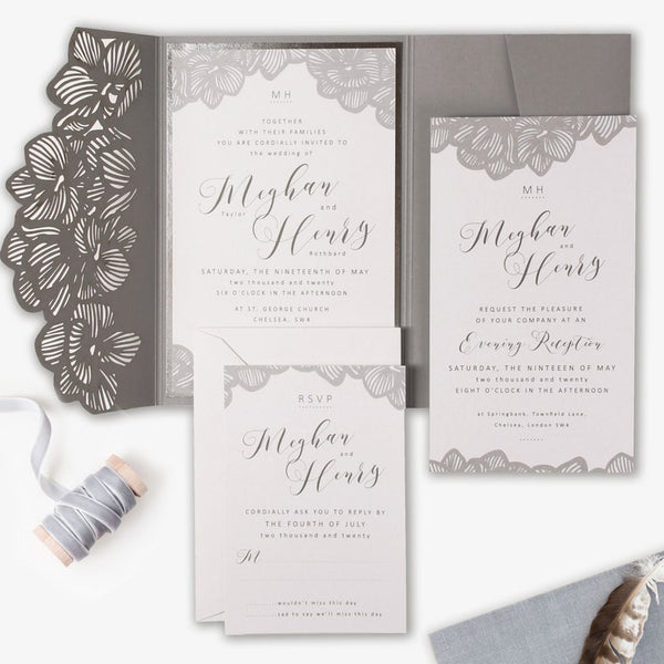 Laser Cut Trifold Grey Wedding Invitation with Orchid motif (1)