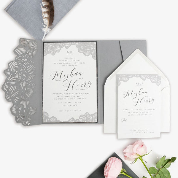 Laser Cut Trifold Grey Wedding Invitation with Orchid motif (2)