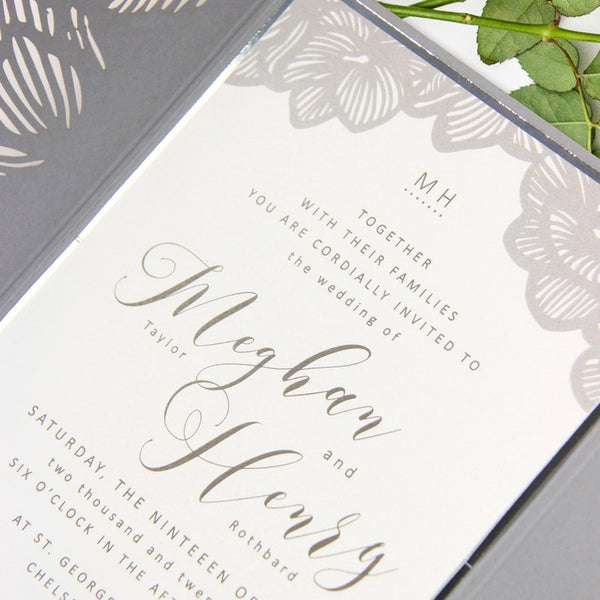 Laser Cut Trifold Grey Wedding Invitation with Orchid motif (4)