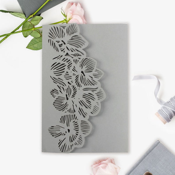 Laser Cut Trifold Grey Wedding Invitation with Orchid motif (5)
