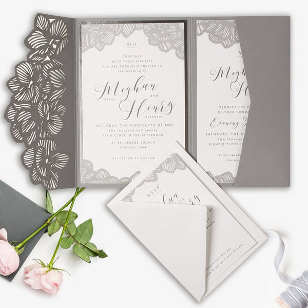 Laser Cut Trifold Grey Wedding Invitation with Orchid motif (6)