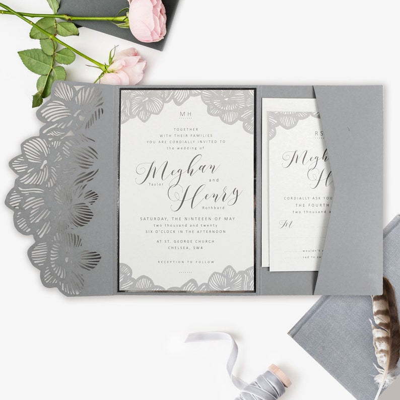 Laser Cut Trifold Grey Wedding Invitation with Orchid motif