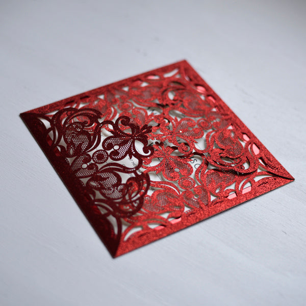 Laser cut Pocketfold Lace Glitter red Mirror red Simple elegance Affordable luxury Invitation (1)