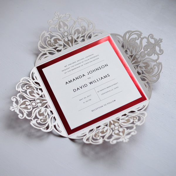 Laser cut Pocketfold Lace Glitter red Mirror red Simple elegance Affordable luxury Invitation (2)