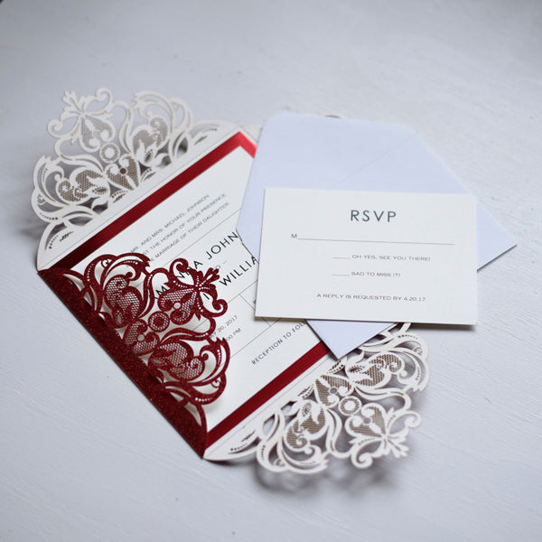 Laser cut Pocketfold Lace Glitter red Mirror red Simple elegance Affordable luxury Invitation (4)
