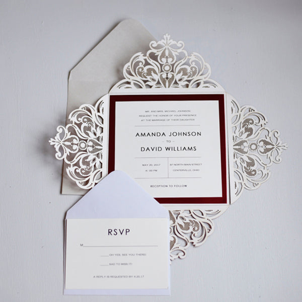 Laser cut Pocketfold Lace Glitter red Mirror red Simple elegance Affordable luxury Invitation (5)