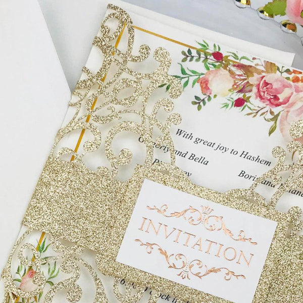 Light Gold Glittery Wedding Invitations with Chic Belly Band and Tag Lcz032 (2)