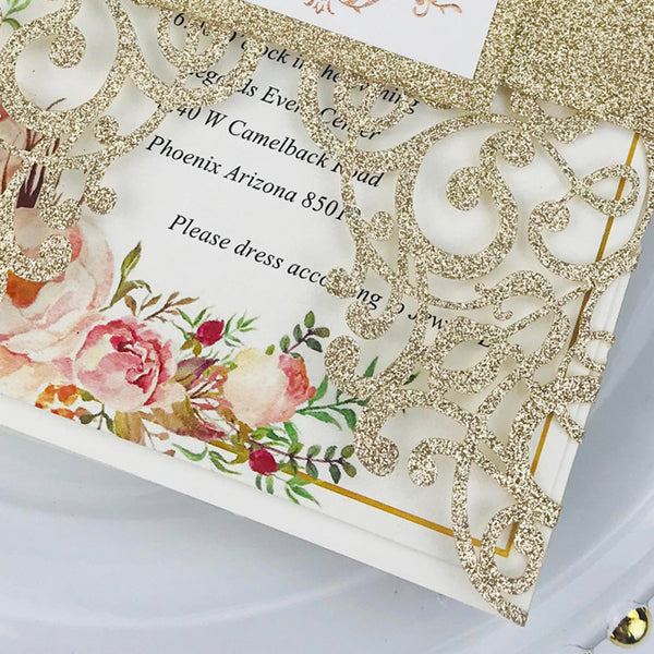 Light Gold Glittery Wedding Invitations with Chic Belly Band and Tag Lcz032 (3)