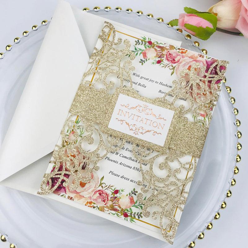 Light Gold Glittery Wedding Invitations with Chic Belly Band and Tag Lcz032 (4)