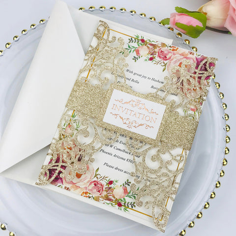 Light Gold Glittery Wedding Invitations with Chic Belly Band and Tag Lcz032 (4)