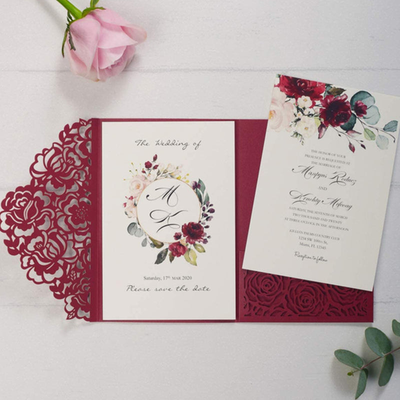 Luxury Burgundy Laser Cut Wedding Invitations with Floral Designs (2)