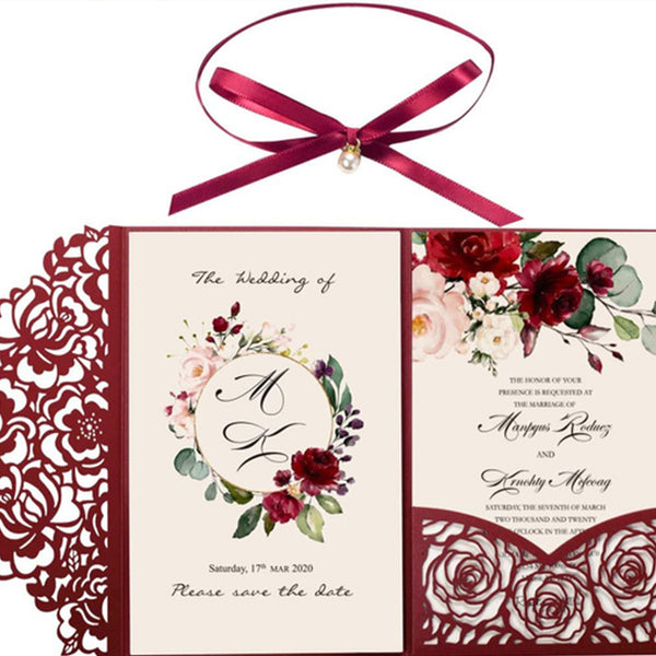 Luxury Burgundy Laser Cut Wedding Invitations with Floral Designs (3)