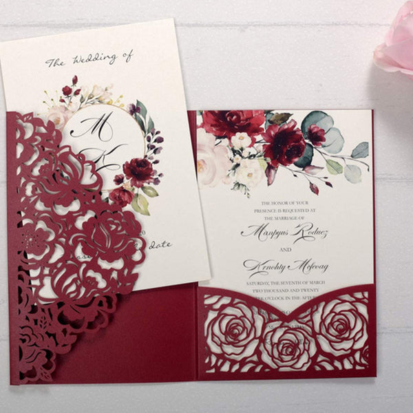 Luxury Burgundy Laser Cut Wedding Invitations with Floral Designs