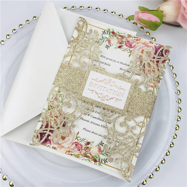 Luxury Champagne Gold Glittery Laser Cut Wedding Invitations with Letter Pressed Wording and Belly Band Lcz074 (1)