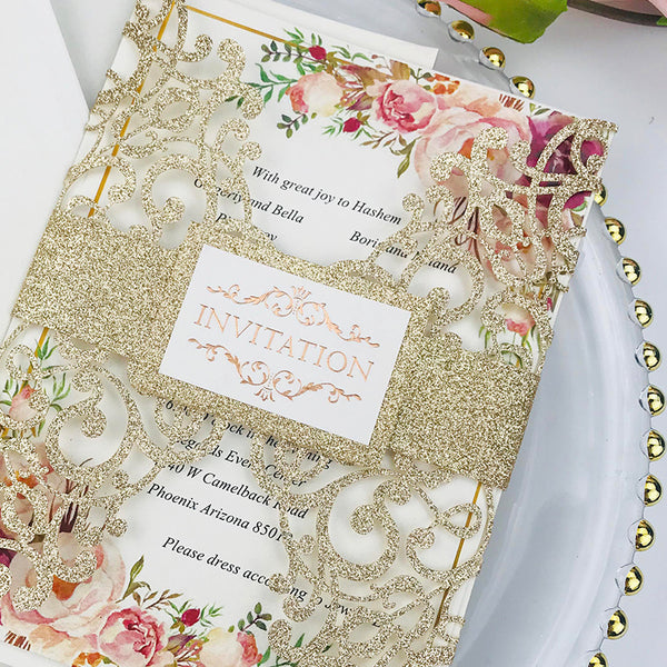 Luxury Champagne Gold Glittery Laser Cut Wedding Invitations with Letter Pressed Wording and Belly Band Lcz074 (4)