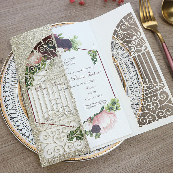 Luxury Gold Glittery Laser Cut Wedding Invitations with Geometric floral Designs Lcz049 (1)