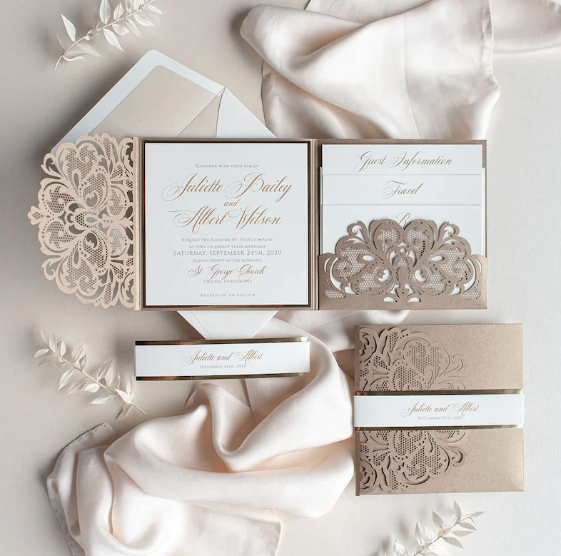 Champagne Laser Cut Lace Pocketfold Wedding Invitation + Wedding