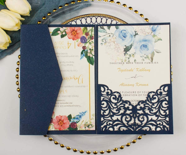 Luxury Pearl Navy Blue Tri Fold Wedding Invitations (1)