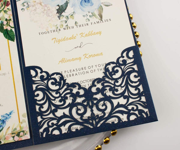 Luxury Pearl Navy Blue Tri Fold Wedding Invitations (2)