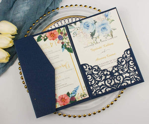 Luxury Pearl Navy Blue Tri Fold Wedding Invitations (3)
