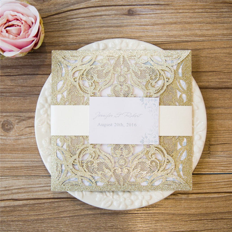 Luxury Square Champagne Glittery Wedding Invitations with Floral Belly Band Lcz091 (3)