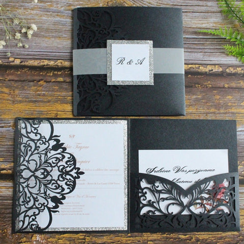 Modern Black Square Laser Cut Wedding Invitations with Belly Band (2)