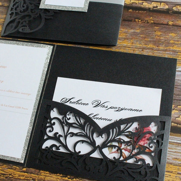 Modern Black Square Laser Cut Wedding Invitations with Belly Band (3)