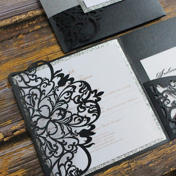 Modern Black Square Laser Cut Wedding Invitations with Belly Band