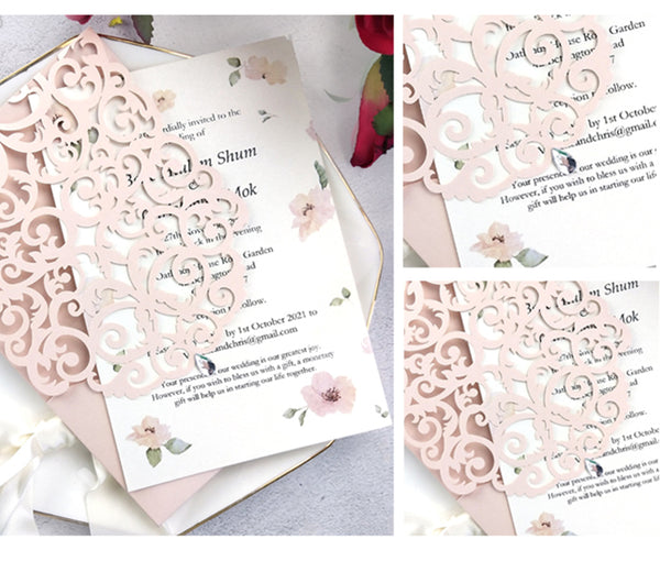 Modern Elegant Blush Pink Laser Cut Wedding Invitations with Shining Rhinestone Lcz083 (3)