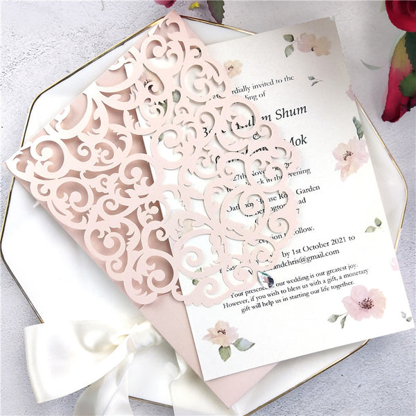 Modern Elegant Blush Pink Laser Cut Wedding Invitations with Shining Rhinestone Lcz083 (6)