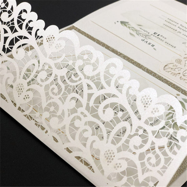 Modern Ivory Pocket Laser Cut Wedding Invitations with Geometric Greenery Pattern Lcz067 (4)