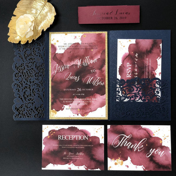 Modern Navy Blue Laser Cut Wedding Invitations with Amazing Watercolor Designs Lcz038 (1)
